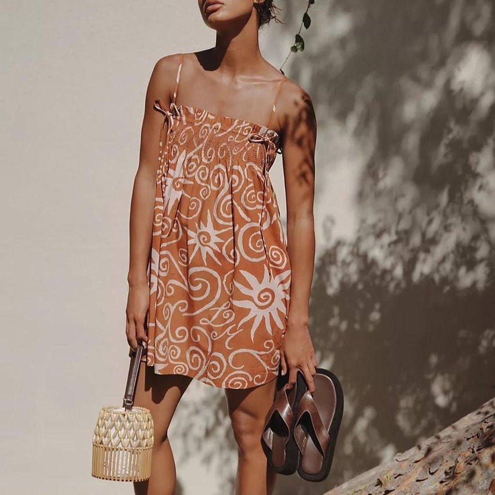 Damson Madder Lilo Mini Dress Women's Size US 10 NWT Brown Orange Smocked Beach